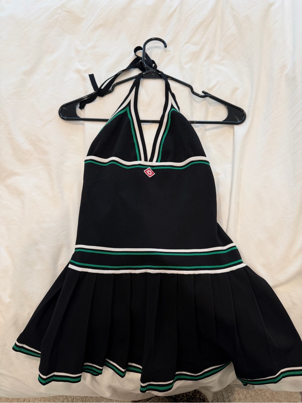 Black Halter Dress with Green & White Trim